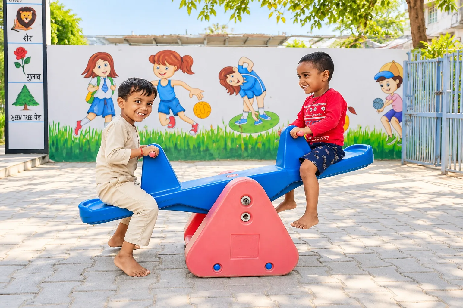 Children playing at a renovated Anganwadi centre