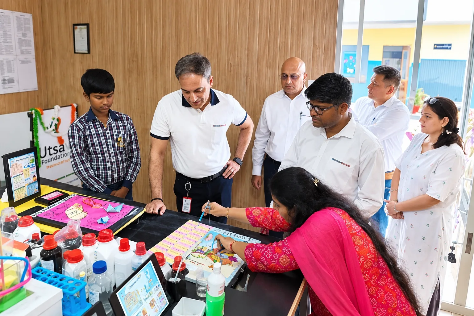 Highway Roop leaders reviewing student work at a CSR-supported school lab
