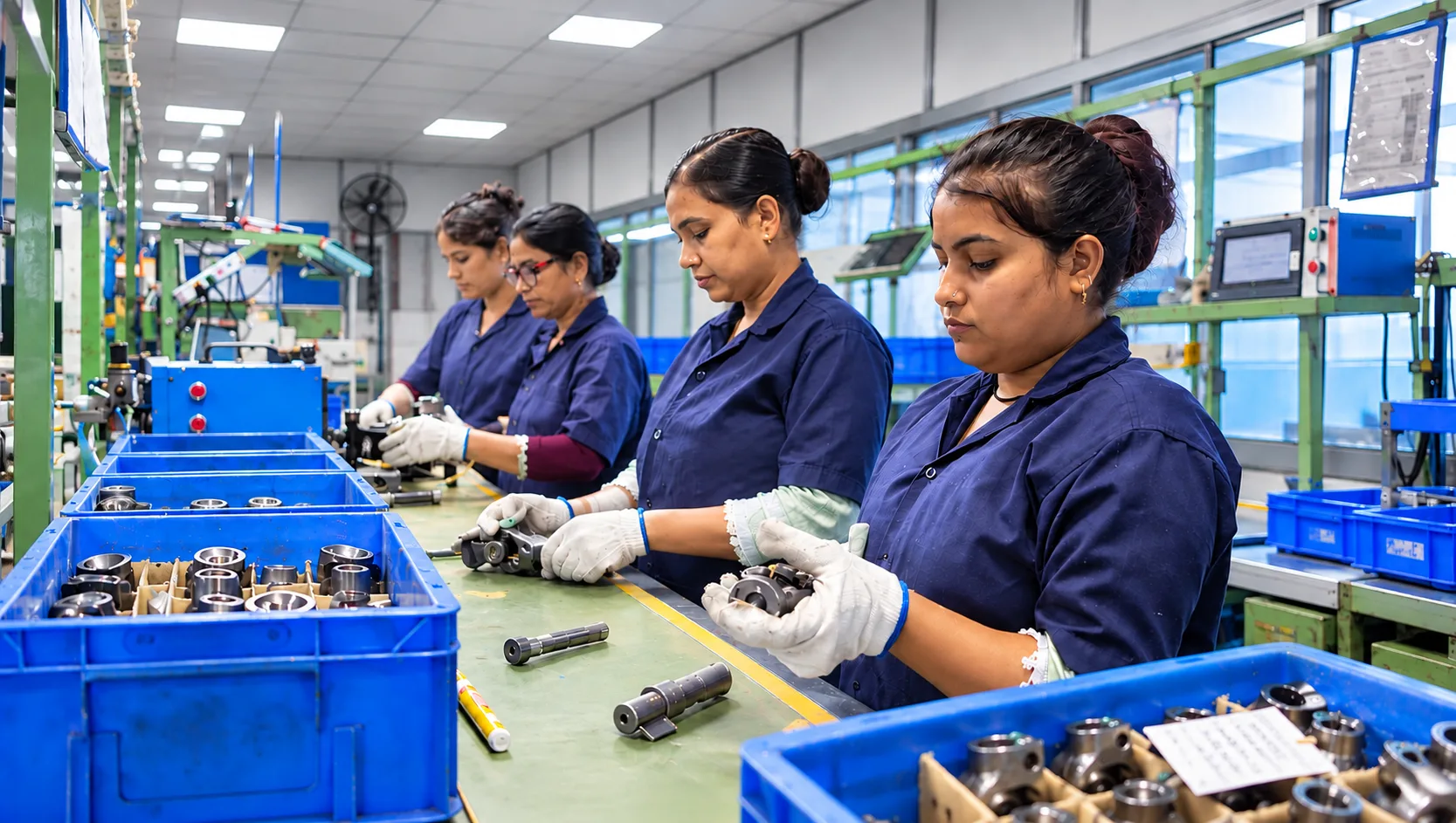 Operators assembling machined components on a Highway Roop production line