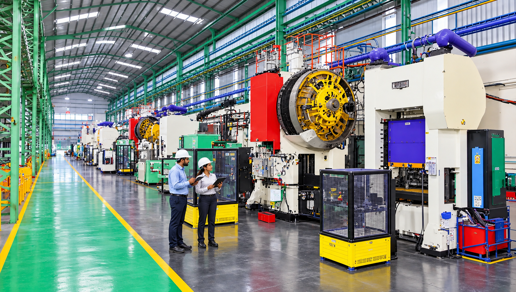 Engineers reviewing a line of forging presses on the shop floor