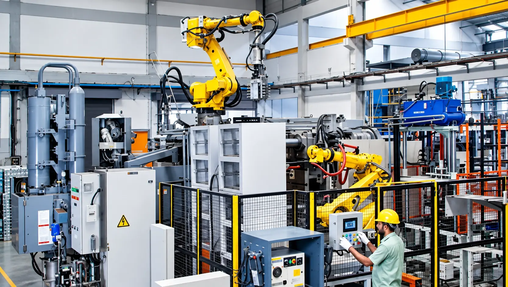 Operator running a robotic machining cell