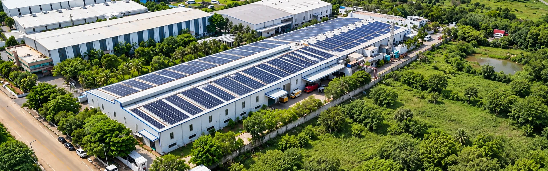 Aerial view of a Highway Roop plant with rooftop solar panels and green surroundings