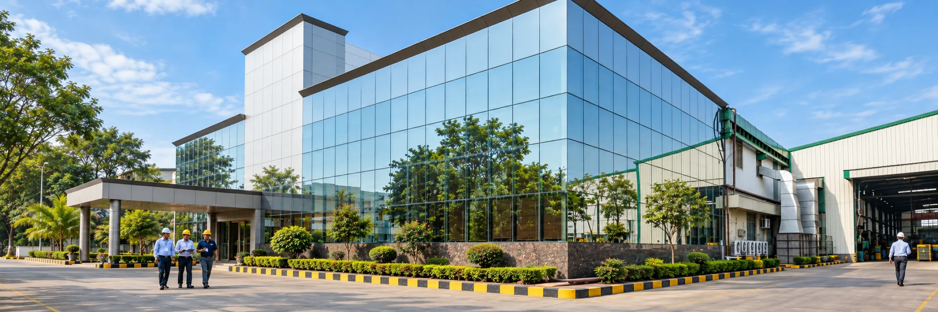 Glass-fronted Highway Roop office and plant entrance with landscaped beds