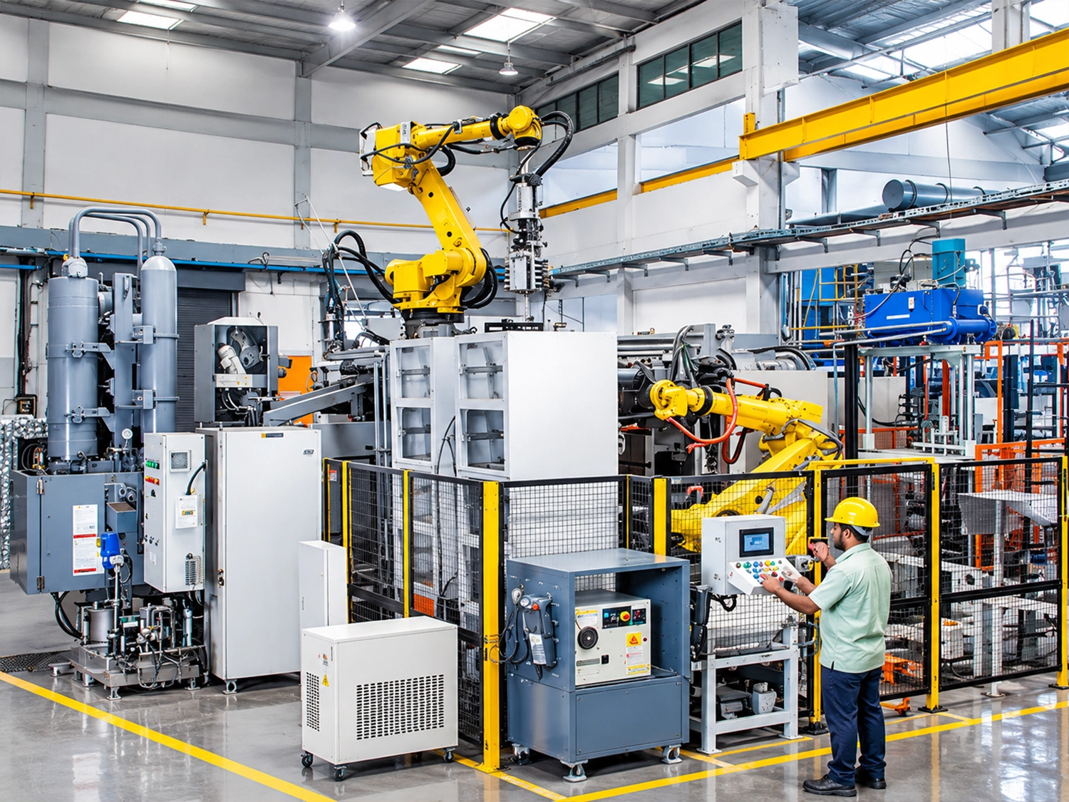 Operator at the control panel of a robotic die-casting cell